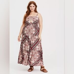 Torrid  Red Black Handkerchief Print Maxi Challis Tiered Dress 2X NWOT